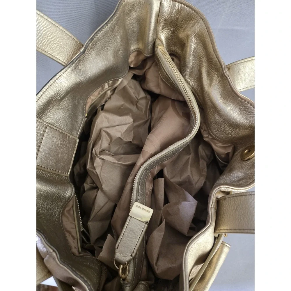 Michael Kors Beverly Metallic Gold Leather Shoulder Satchel Handbag Large